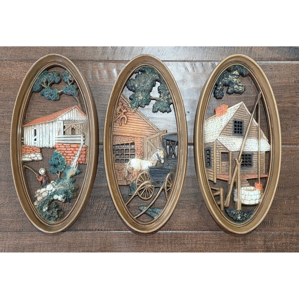 VTG 60s 3D Rustic Farmhouse Cottage Country Wall Art Plaques Set of 3 Oval Decor
